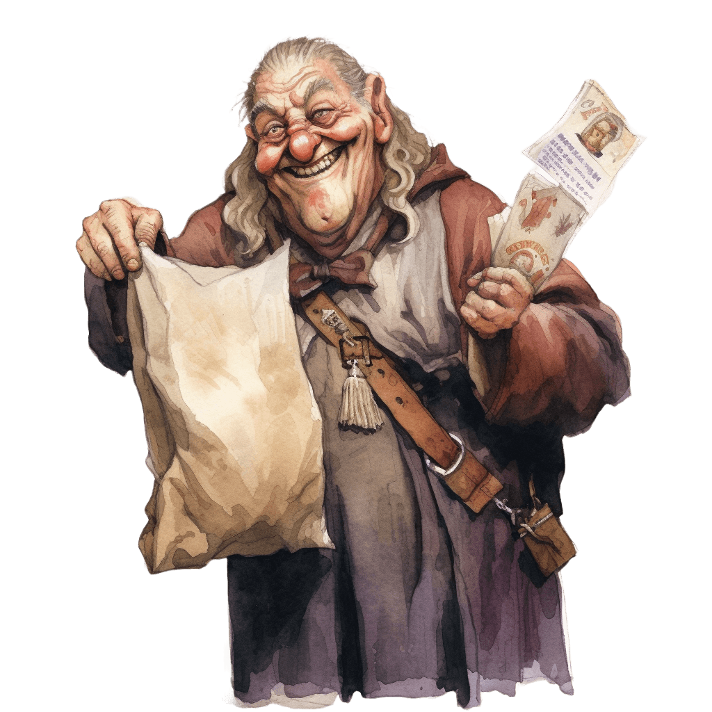 Watercolor drawing of Moist von Lipwig from Discworld with a sly grin on his face, holding a bag in one hand and a newspaper in another