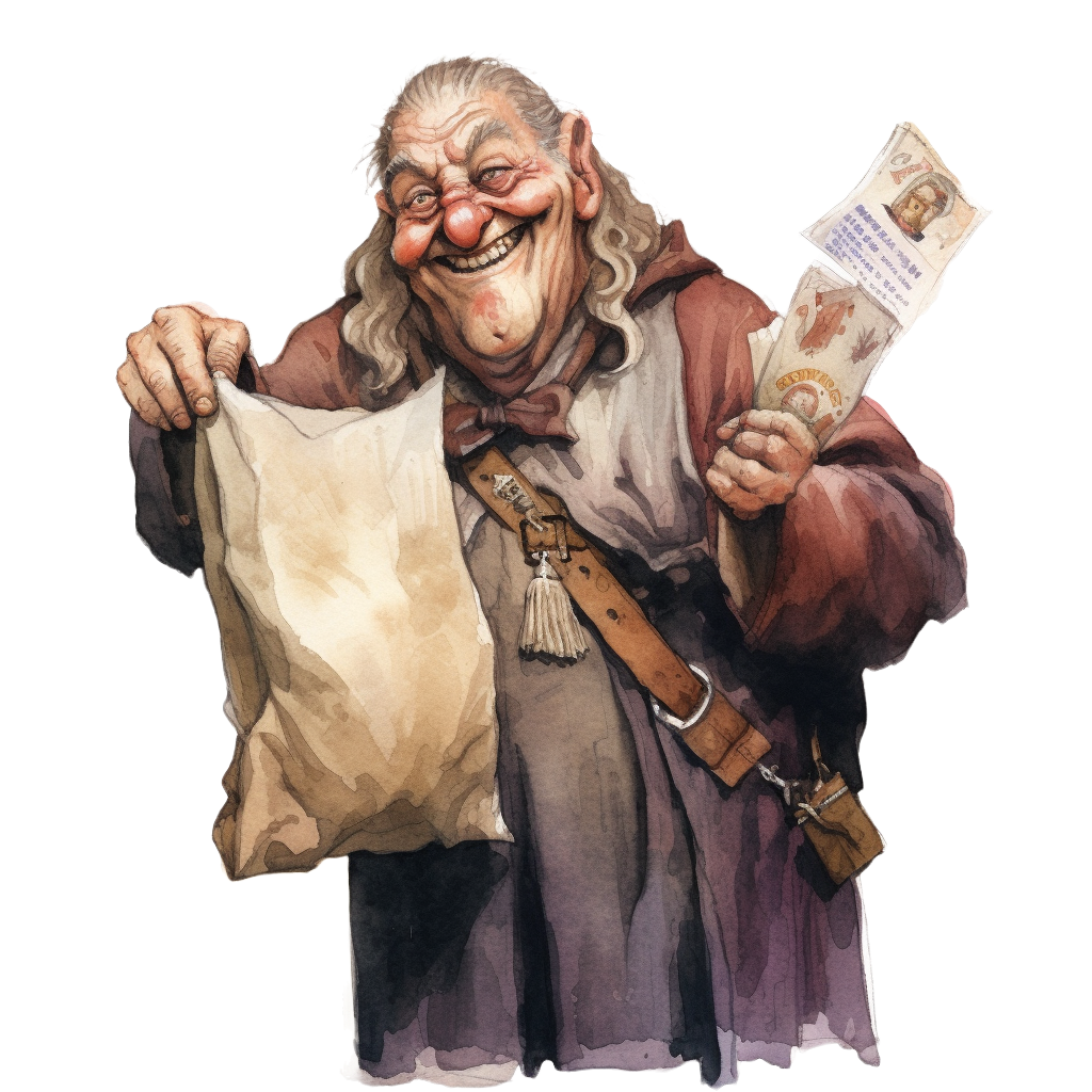 Watercolor drawing of Moist von Lipwig from Discworld with a sly grin on his face, holding a bag in one hand and a newspaper in another